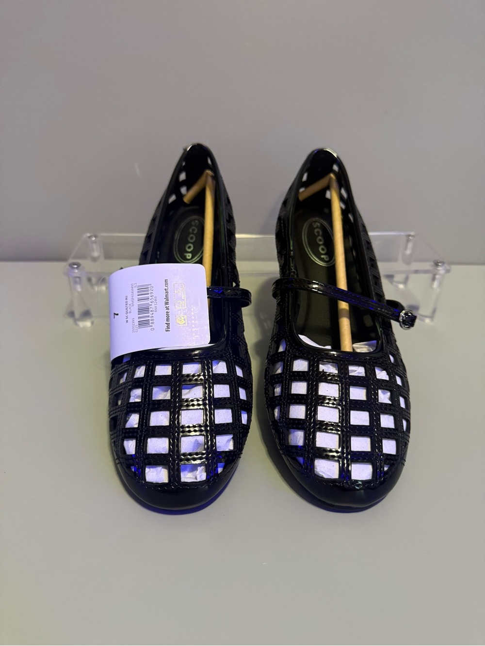Womens Size 7 Scoop Black Patent Lattice Mary Jane Flats Comfort Strap NEW